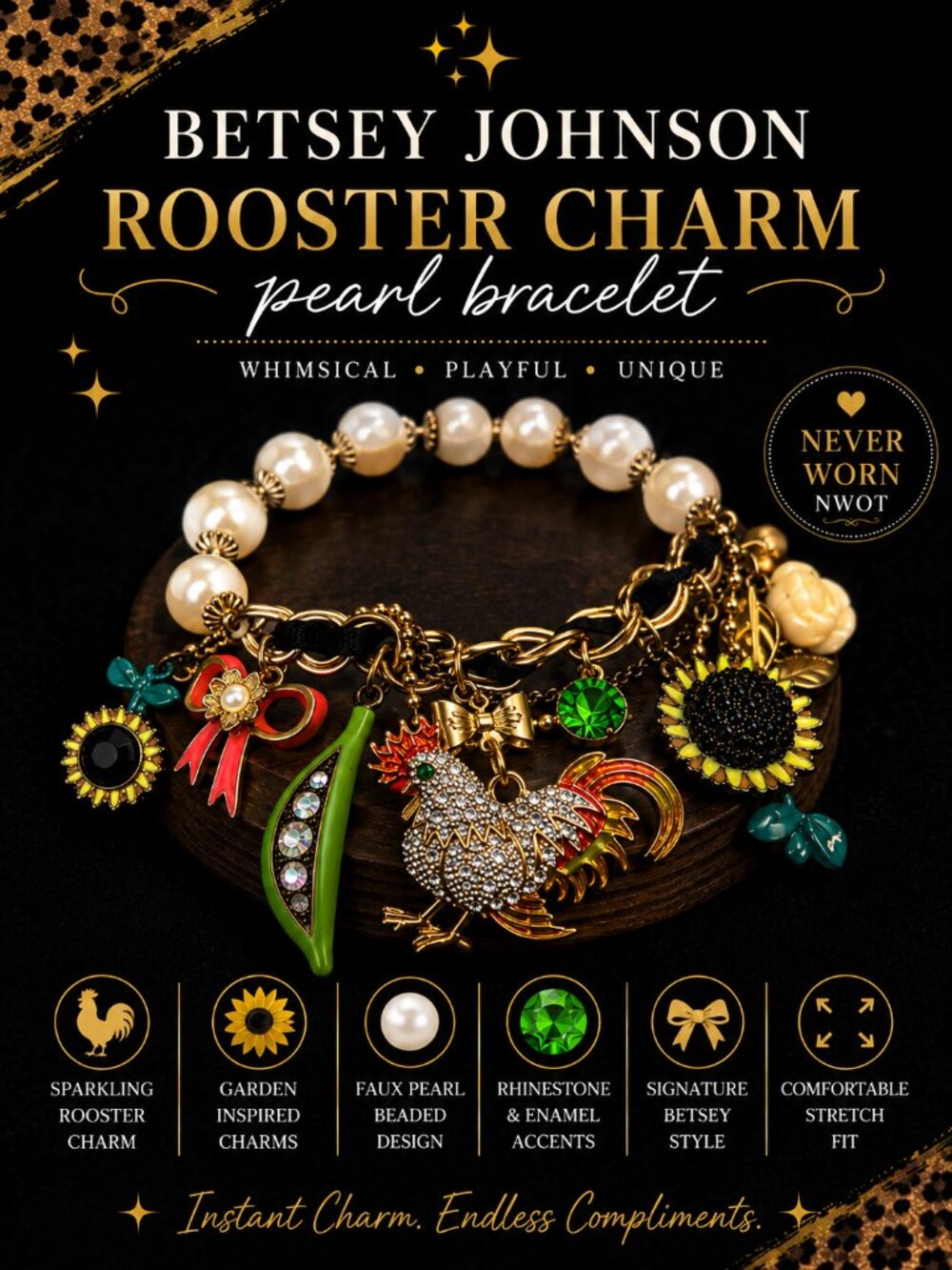 Betsey Johnson Faux Pearl Rooster Charm Bracelet – NWOT
